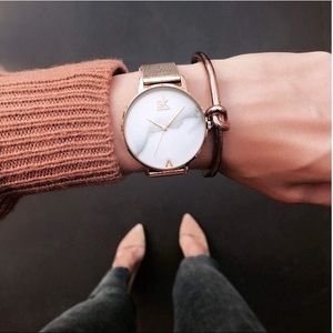 Quartz Wrist Watch Rose Gold Earrings and Necklace